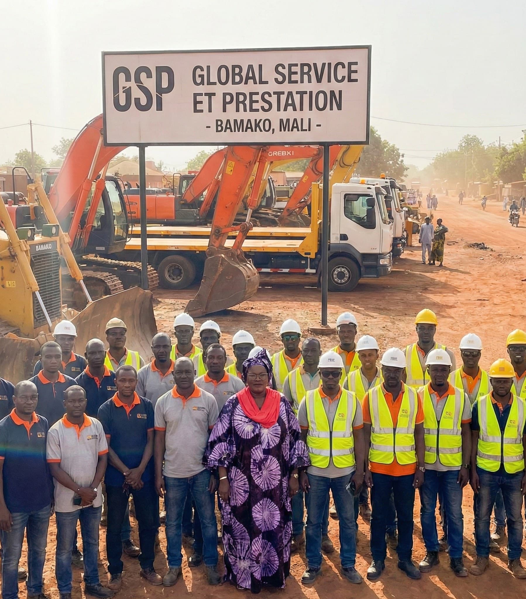 The full GSP team in front of the Bamako depot, Mali - Ms. Sidibe surrounded by her colleagues in work attire
